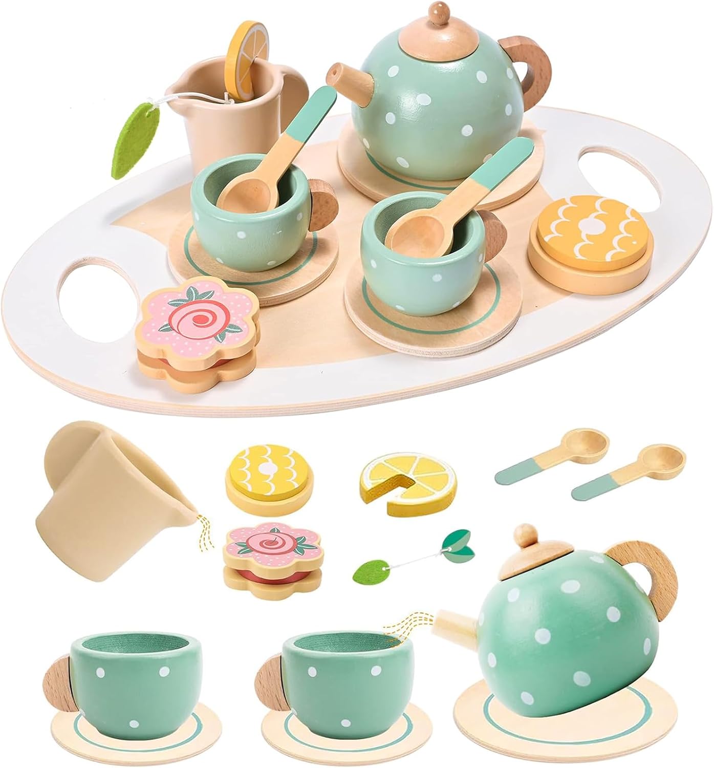 YUNCHY Tea Party Set for Kids Wooden Tea Set for Little Girl and Boy, Toddler Food Pretend Play Accessories Kitchen Playset Wooden Toys 3 4 5 Year Old Girl Christmas Birthday Gift