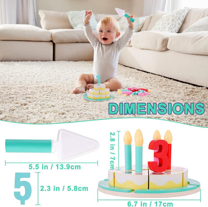 Inhahland Birthday Cake Cutting Toys, Wooden Play Food Set for Kids Toddlers, Pretend Play Kitchen Toys for Boys Girls