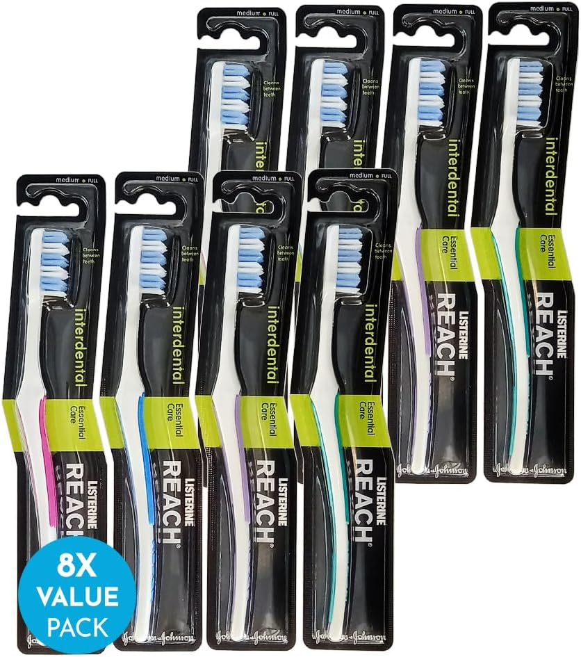 REACH Essential Care Interdental Medium Toothbrush, Single Pack x 8, Full Head Hard Bristles Manual Toothbrushes, Variety of Colours Multipack, Daily Oral Enamel Dental Care