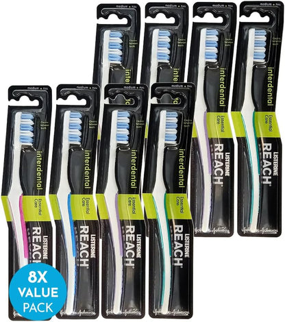 REACH Essential Care Interdental Medium Toothbrush, Single Pack x 8, Full Head Hard Bristles Manual Toothbrushes, Variety of Colours Multipack, Daily Oral Enamel Dental Care