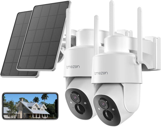 TMEZON 2 Pack Solar Powered Security Camera, Outdoor Wireless 360Â° PTZ Camera for Home Surveillance with 3MP Night Vision Pan Tilt Solar Powered Two-Way Audio Motion Detection 2.4Ghz WiFi IP65