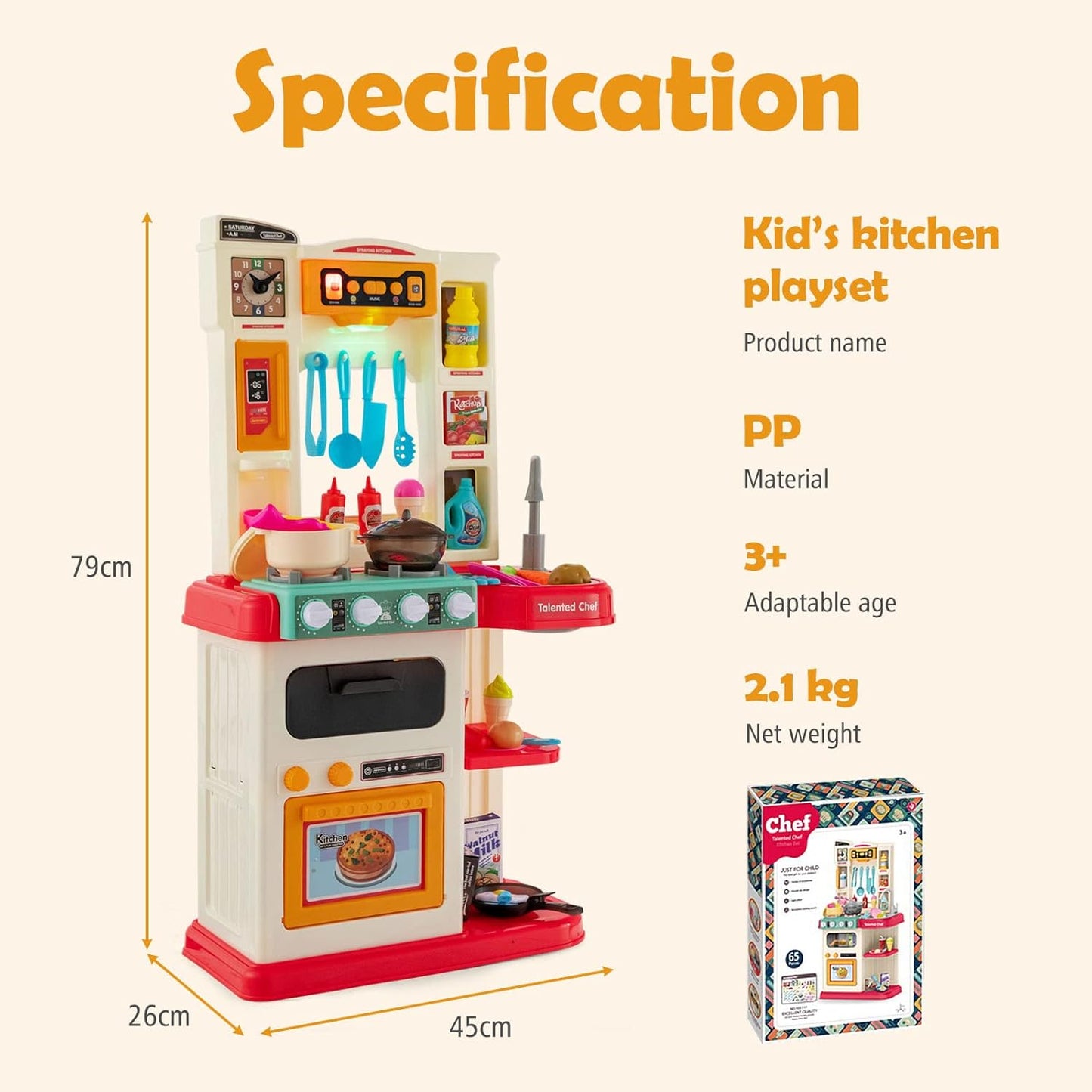 HONEY JOY Kids Play Kitchen, 65PCS Pretend Kitchen Play Toy Accessories Set w/Play Sink, Realistic Lights Sounds, Steam Simulation, Cooking Play Kitchen Playset w/Water Circulation for Children (Pink)