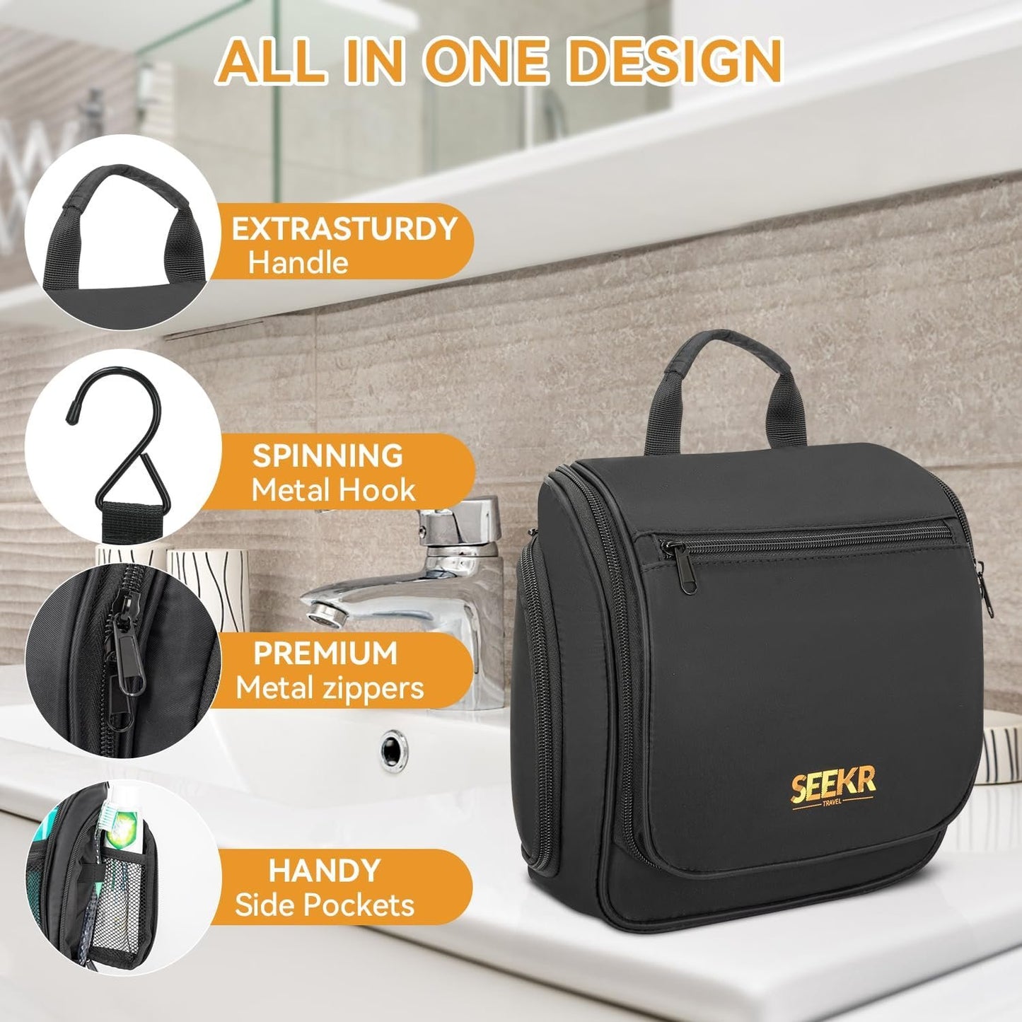 SEEKR Hanging Travel Toiletry Bag, Makeup Organiser, Expandable Compartments and Removable Pouches, for Toiletries, Cosmetics and Travel Essentials, Ideal for Luggage, Camping, Beach or Home (Black)