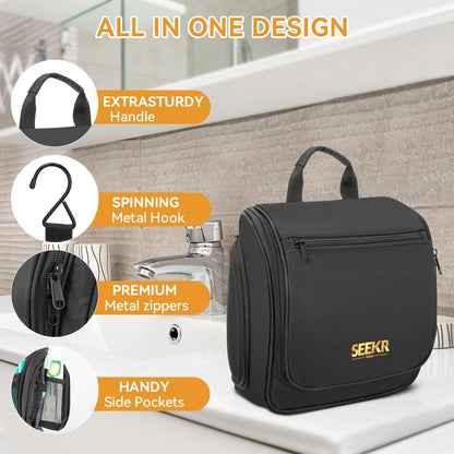 SEEKR Hanging Travel Toiletry Bag, Makeup Organiser, Expandable Compartments and Removable Pouches, for Toiletries, Cosmetics and Travel Essentials, Ideal for Luggage, Camping, Beach or Home (Black)
