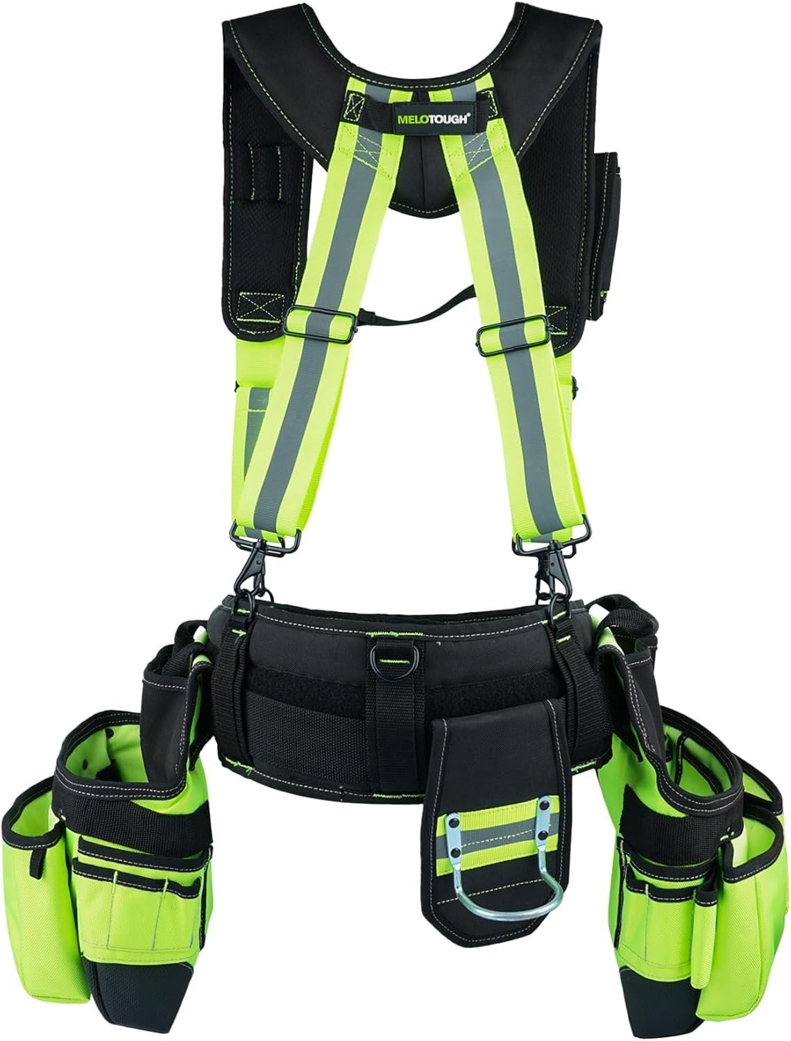 MELOTOUGH Reflective Safety Tool Belt with Suspenders Tool Bag Supenders Framers Comb Apron Construction Tool Pouch Builder Heavy Duty Carpenter Suspension Rig for Electrician, Roofing