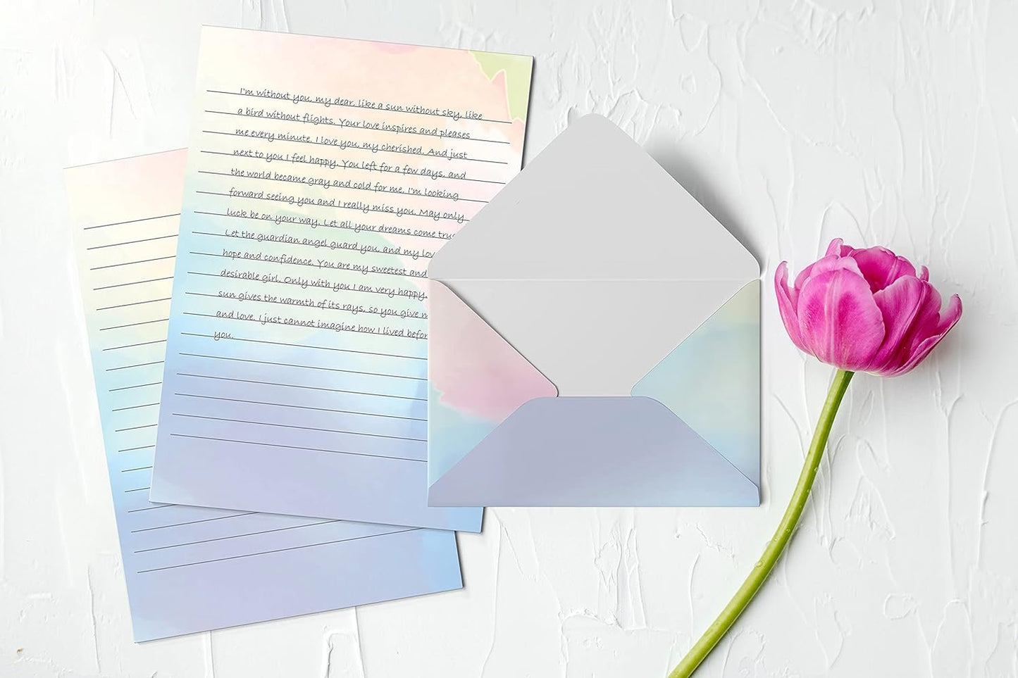 Mini Stationery Set, 100 Piece Set (50 Lined Watercolor Sheets + 50 Matching Envelopes), 5.5 x 8.25 inch, 12 Unique Designs, Double Sided Printing, One Side Lined Paper, by Better Office Products