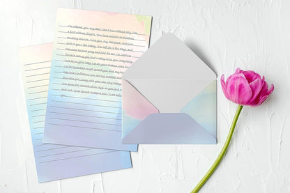 Mini Stationery Set, 100 Piece Set (50 Lined Watercolor Sheets + 50 Matching Envelopes), 5.5 x 8.25 inch, 12 Unique Designs, Double Sided Printing, One Side Lined Paper, by Better Office Products