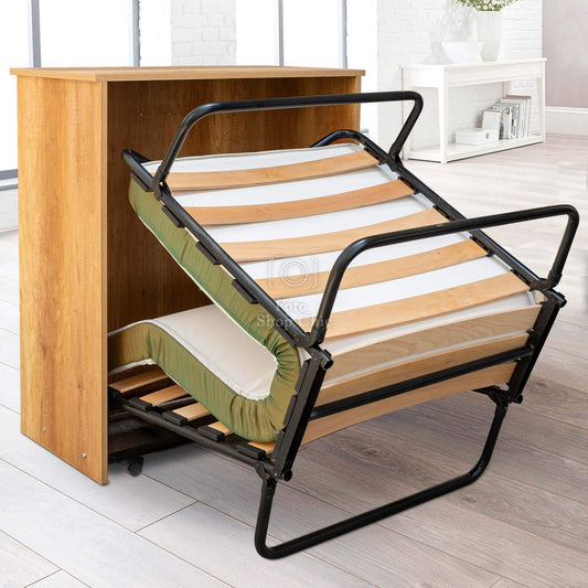 LE CHIC ARREDAMENTI Concealed Single Bed Cabinet, High Density Mattress H 10 cm, Includes Orthopaedic Slatted Base, Roll-In Structure with Wheels, Tobacco Oak Finish