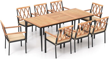 Tangkula 9-Piece Patio Dining Set, Outdoor Acacia Wood Dining Table with 1.9" Umbrella Hole& 8 Dining Chairs with Cross Hollow Back and Seat Cushions, for Garden, Porch, Deck, Natural