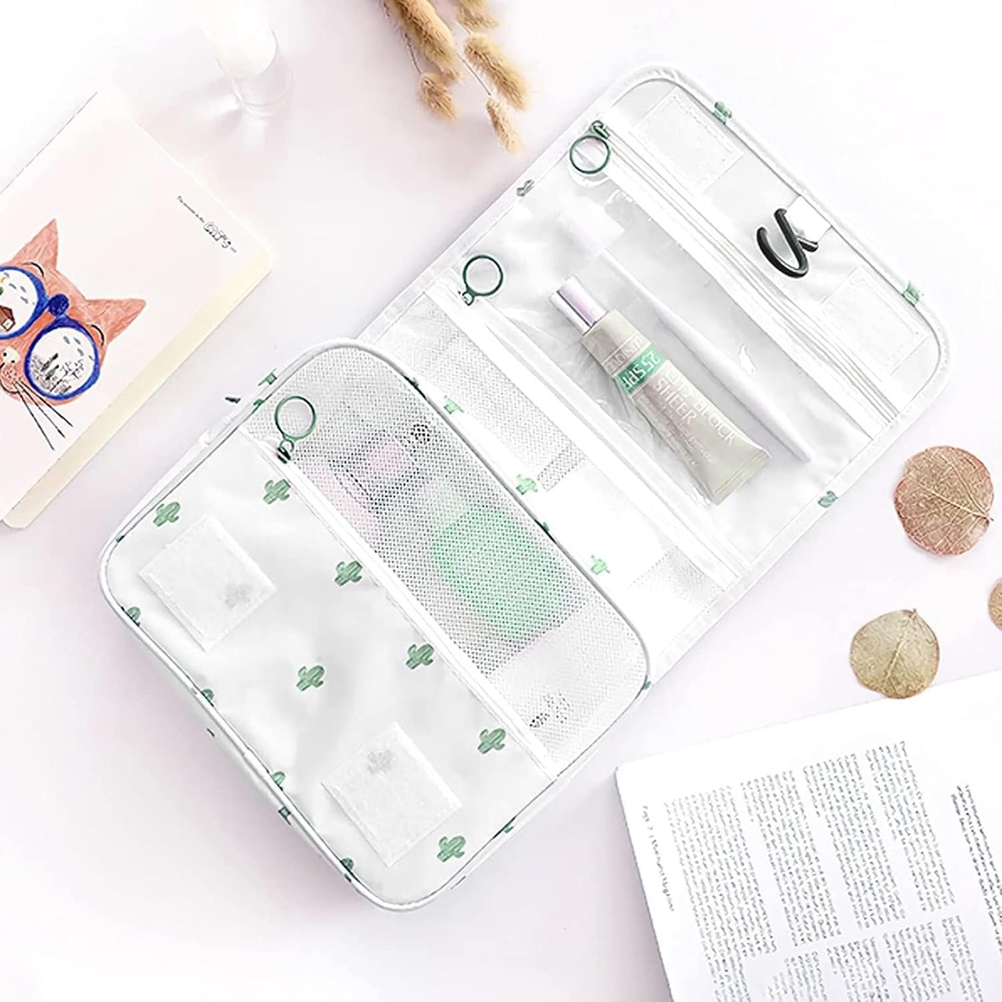 SxoSyo Toiletry Bag for Women Hanging Travel Bag for Toiletries Large Capacity Travelling Accessories Makeup Bags Organizer Cosmetic Bag Waterproof Bathroom Bag, Cactus White, Small, Portable Handle