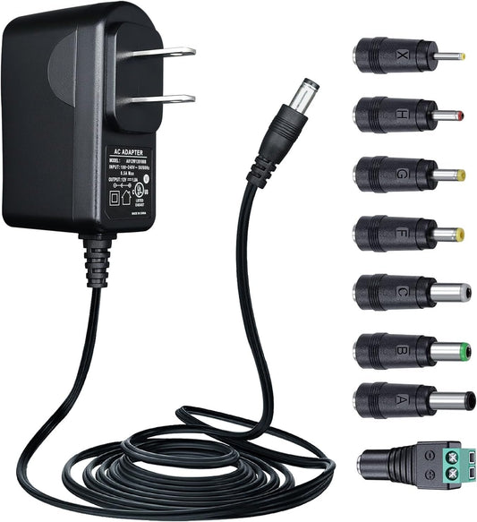 UL Listed 12V 1A 10ft AC Adapter with 8 Interchangeable Tips, AC to DC 1000mA 12W Regulated Power Supply Adapter Cord for Led Strip Light and More, DC Plug 5.5 * 2.1mm, Center Positive