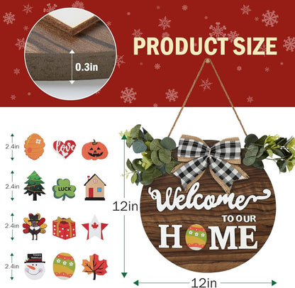 FIIJRR Interchangeable Welcome Sign for Front Door with 12 Changeable Icons,Rustic Wooden Wreaths for Home/Wall/Porch/Farmhouse Decor,All Seasons Holiday Halloween (Brown)