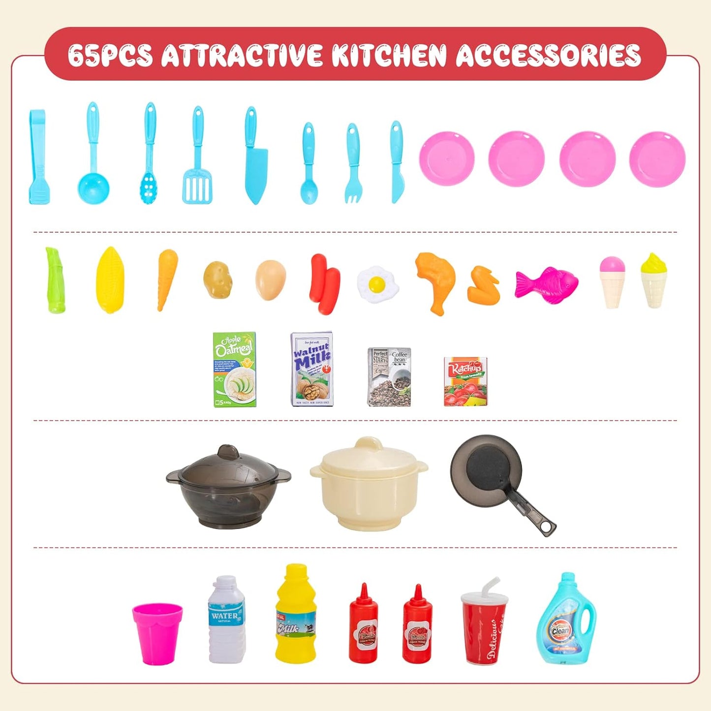 HONEY JOY Kids Play Kitchen, 65PCS Pretend Kitchen Play Toy Accessories Set w/Play Sink, Realistic Lights Sounds, Steam Simulation, Cooking Play Kitchen Playset w/Water Circulation for Children (Pink)