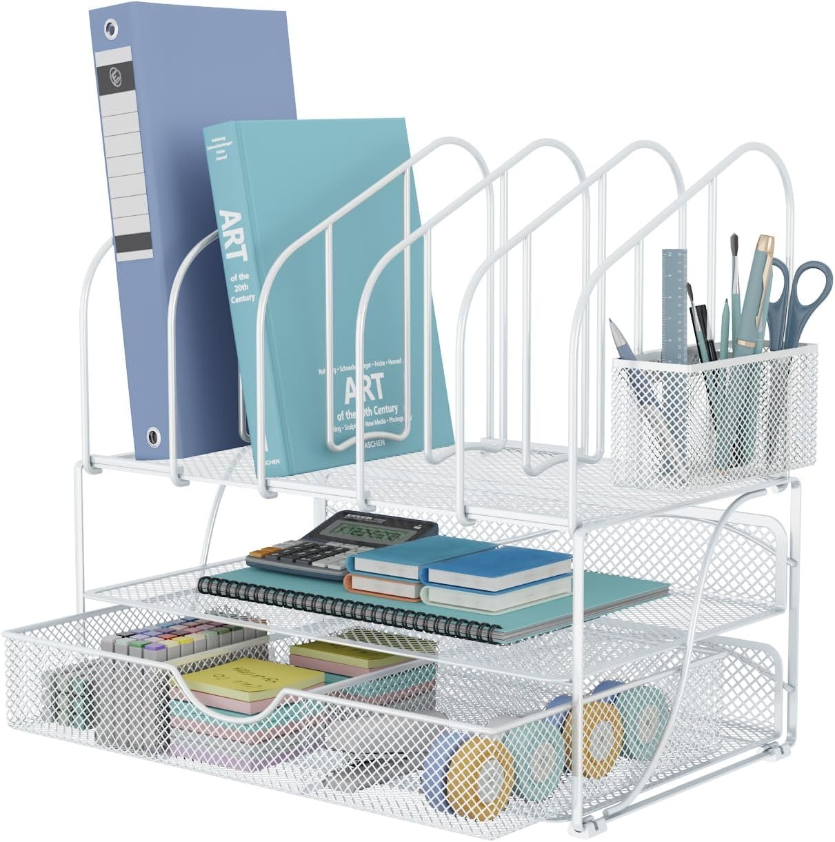 Desk Organizers and Accessories Storage, Desktop Organizer with Drawer & Double Tray & 5 File Folder Holders & Pen Holder, Mesh Desk Accessories & Workspace Organizers for Office Supplies(White)