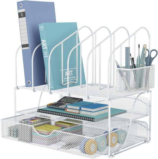 Desk Organizers and Accessories Storage, Desktop Organizer with Drawer & Double Tray & 5 File Folder Holders & Pen Holder, Mesh Desk Accessories & Workspace Organizers for Office Supplies(White)