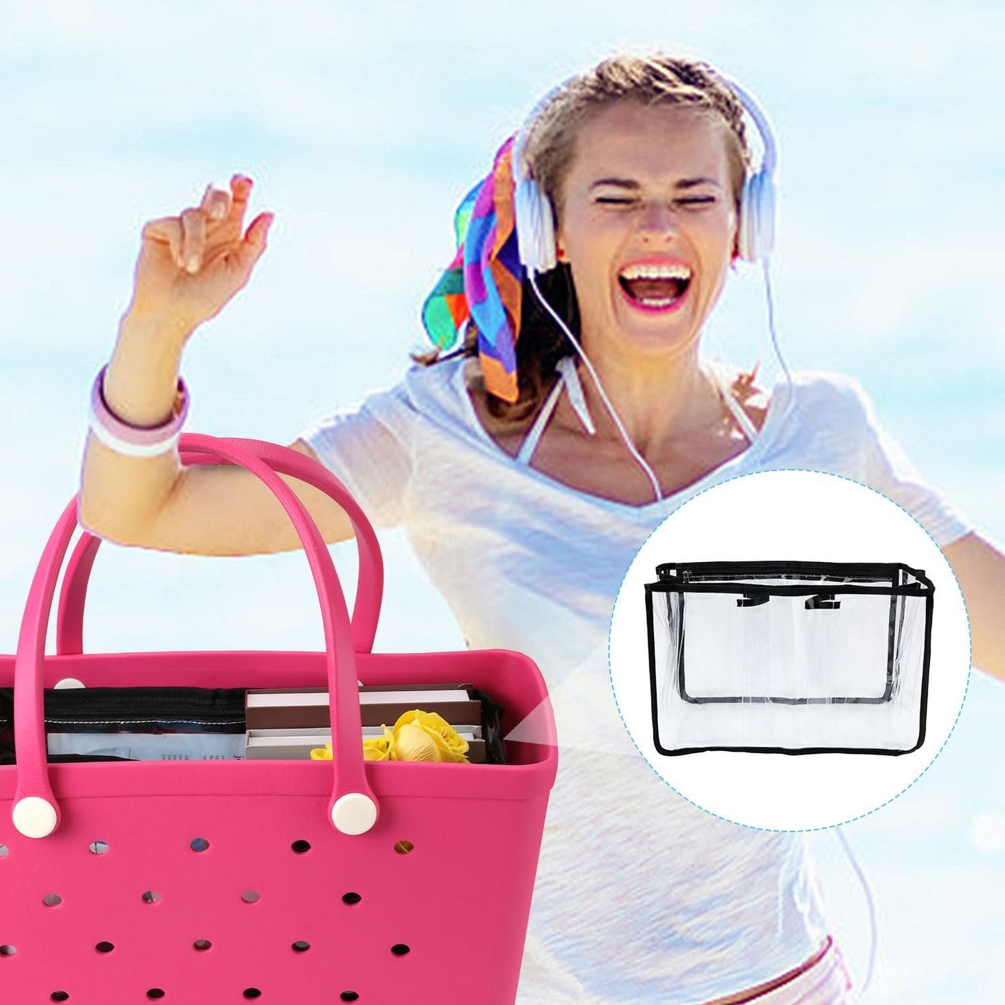 PEUTIER Clear Beach Bag Organizer for Bogg Bag, Waterproof Beach Bag Organizer Insert Tote Bag Organizer Divider Accessories for Bogg Bag X Large Size