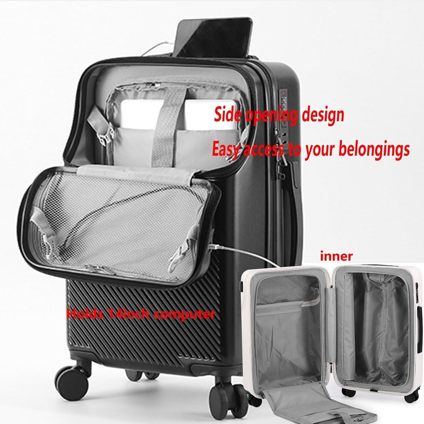 RDGOLF Concise Luggage, Reinforced Trolley Case, Durable and Lightweight, Equipped with Combination Lock Anti-Theft and Anti-Burglar (Color : White(Cupholder), Size : 20)