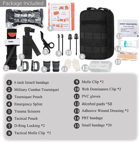 Emergency Survival Kits, Tactical Military Trauma First Aid Kit, Molle EMT IFAK Pouch Outdoor Gear Tourniquet Bandage Bleeding Control Kit for Camping Hiking Hunting Travel Car Adventures