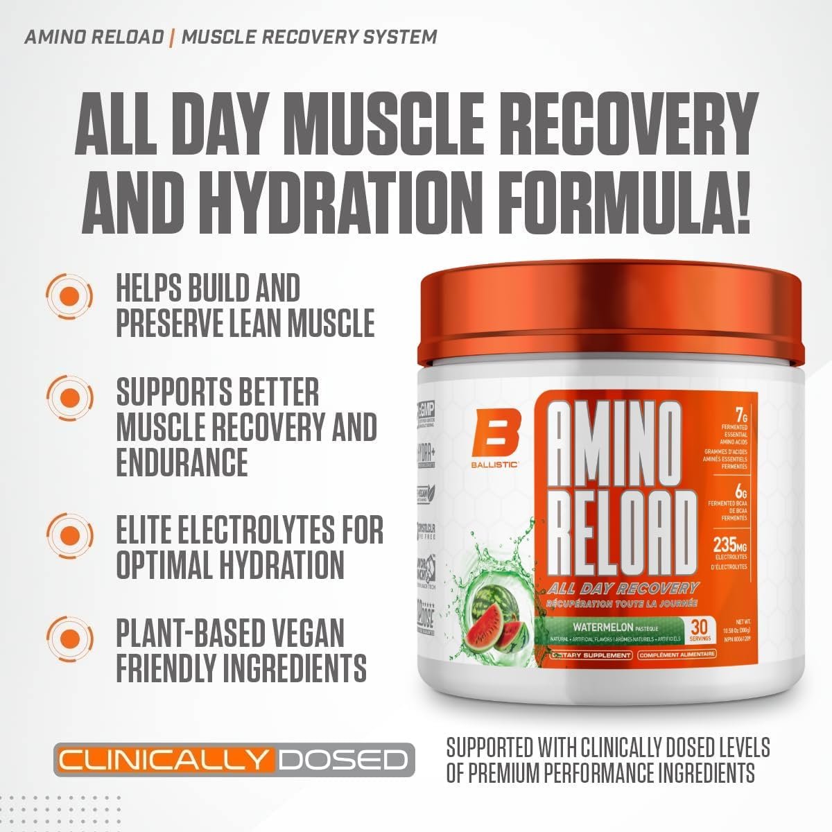 Ballistic Amino Reload | Amino Acid & Electrolyte Powder | 7g EAAs, 6g BCAAs, 235mg Electrolytes | Essential Amino Acid Recovery Support & Electrolytes for Hydration | 30 Servings (Peach Mango)