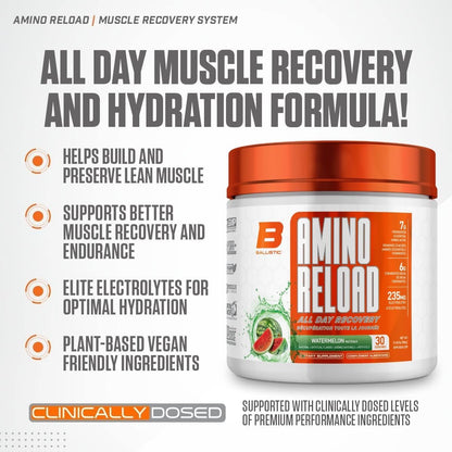 Ballistic Amino Reload | Amino Acid & Electrolyte Powder | 7g EAAs, 6g BCAAs, 235mg Electrolytes | Essential Amino Acid Recovery Support & Electrolytes for Hydration | 30 Servings (Peach Mango)