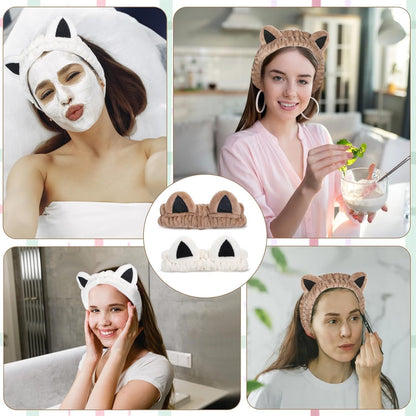 PalqwinduX 2Pcs Cat Ears Spa Headbands for Washing Face Makeup Skincare, Soft Coral Fleece Facial Wash Hair Accessories, Cute Animal Elastic Headband, Fuzzy Cartoon Hair Bands, Hairs Holder for Women
