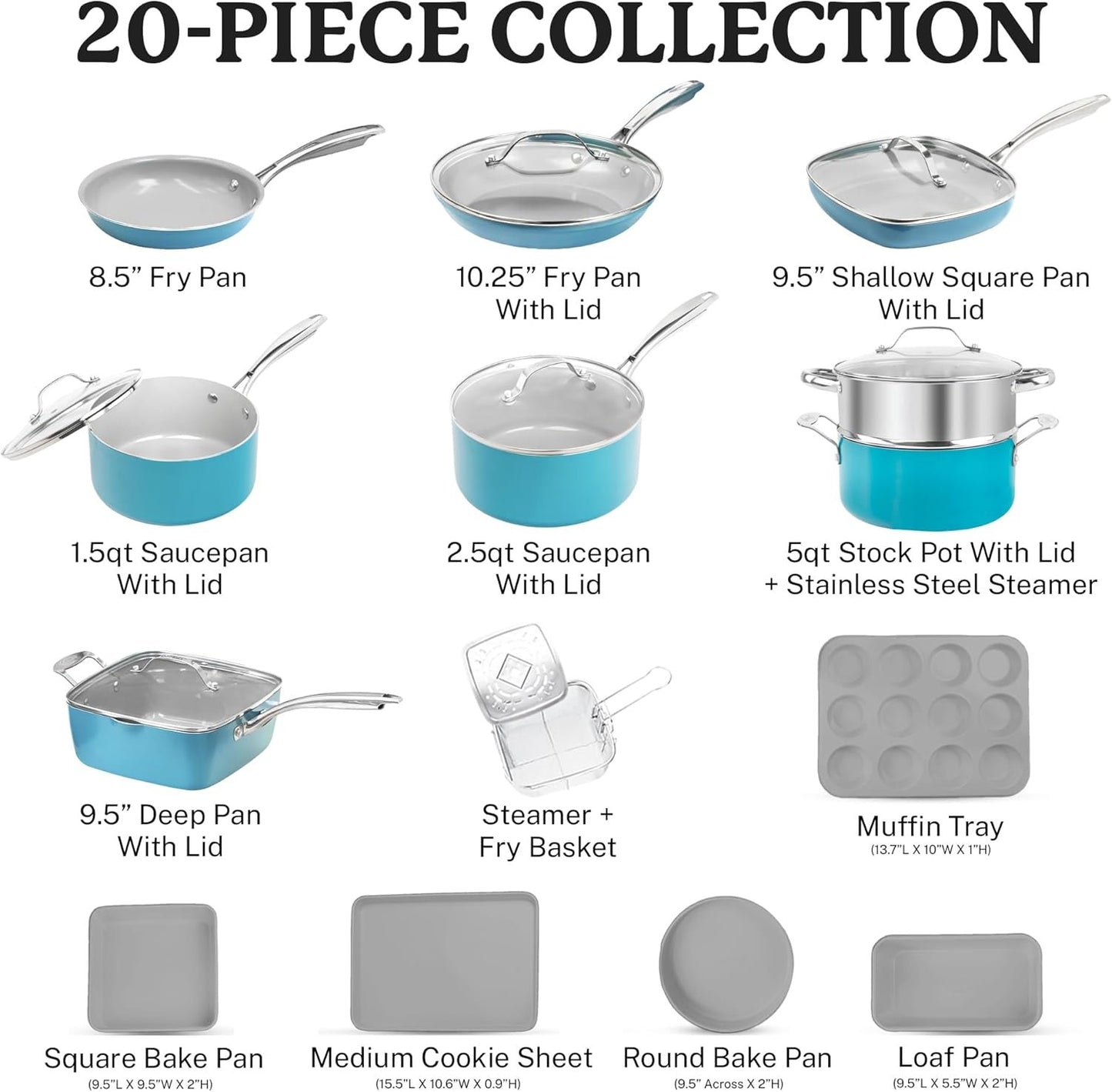 Gotham Steel Pots and Pans Set Nonstick, 20 Pc Non Stick Cookware Set, Long Lasting Nonstick Kitchen Set with Pan Set Pot Set Baking Set, Stay Cool Handles, Dishwasher Safe, 100% Toxin Free- Aqua Blue