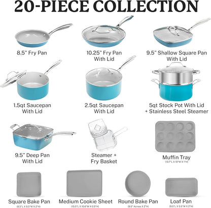 Gotham Steel Pots and Pans Set Nonstick, 20 Pc Non Stick Cookware Set, Long Lasting Nonstick Kitchen Set with Pan Set Pot Set Baking Set, Stay Cool Handles, Dishwasher Safe, 100% Toxin Free- Aqua Blue