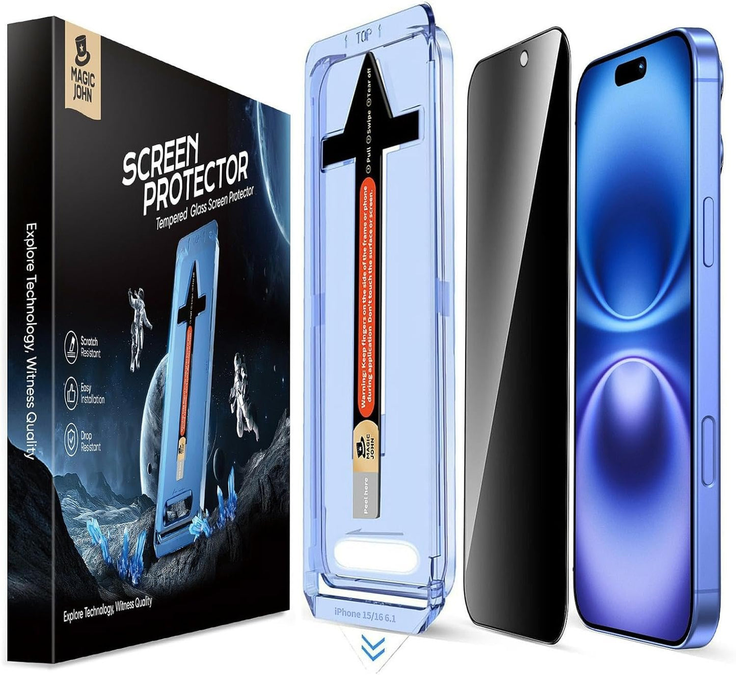 MAGIC JOHN 2 Pack for iPhone 16 (6.1) inch Privacy Tempered Glass Screen Protector, Auto Dust-Elimination, Bubble Free, Easy Installation