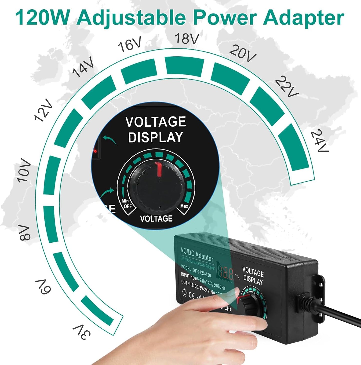 Comius Sharp Universal Power Supply, 3V-24V 5A 120W Adjustable Power Adapter, AC/DC 100V-240V Universal Adapter with 14 Tips and Polarity Converter, for Home Electronics