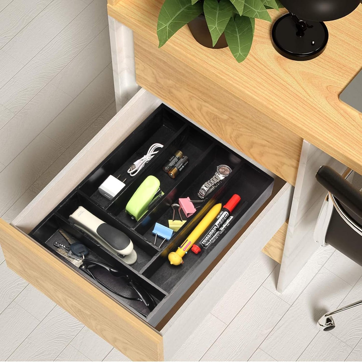 Kitchen Wood Utensil Tray Drawer Organizer, Wooden Cutlery Tray Silverware Drawer Divider 14.6"x9.5" Flatware Organizer Black Bamboo Silverware Tray Cutlery Utensil Holder for Drawer Tray