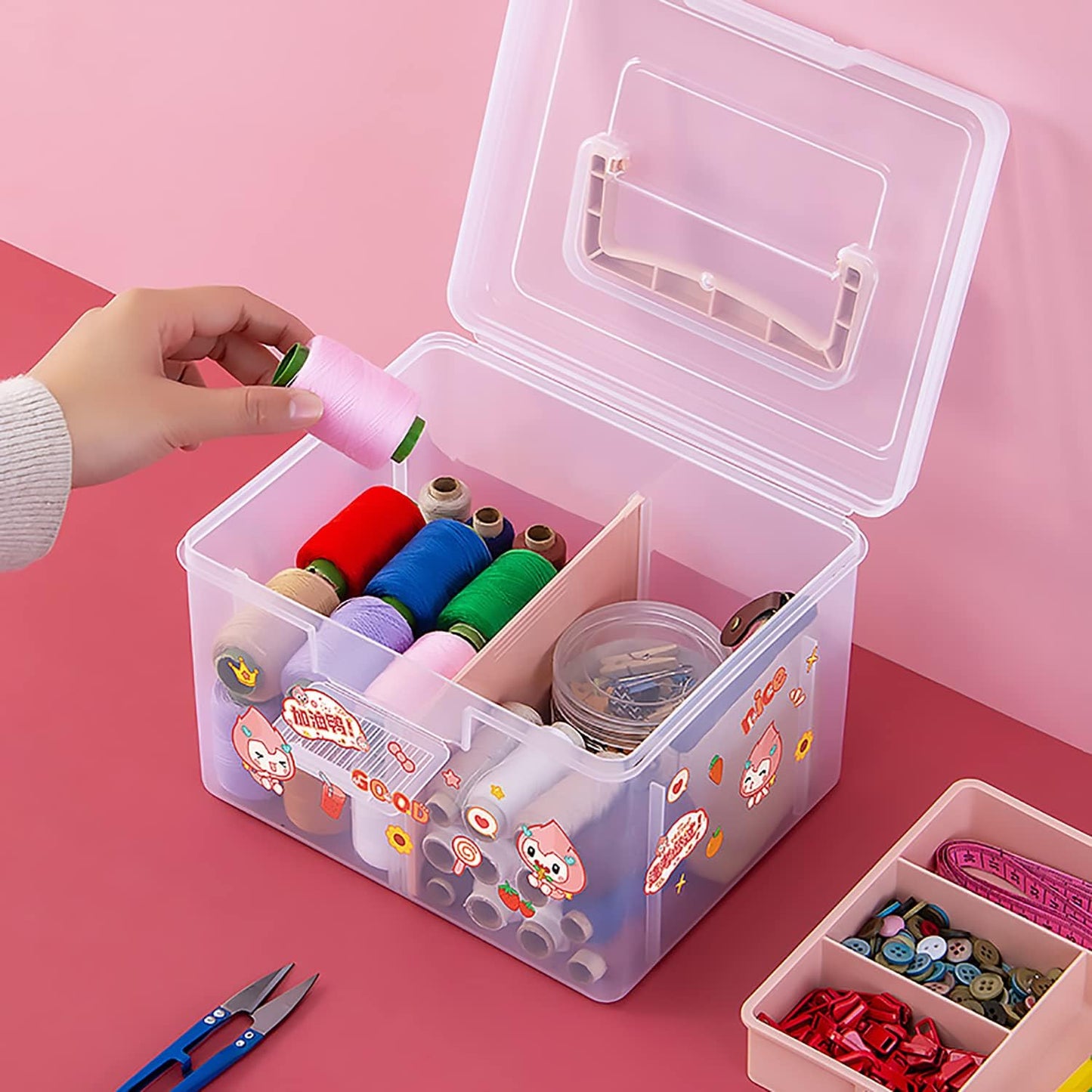 FOREVERIE Small Portable Plastic Cosmetic Case with Handle & Removable Tray & Adjustable Divider, Beauty Ornaments Hair Nail Accessories Storage Box, Sewing Box Organizer, Kids Art Box (Clear & Pink)