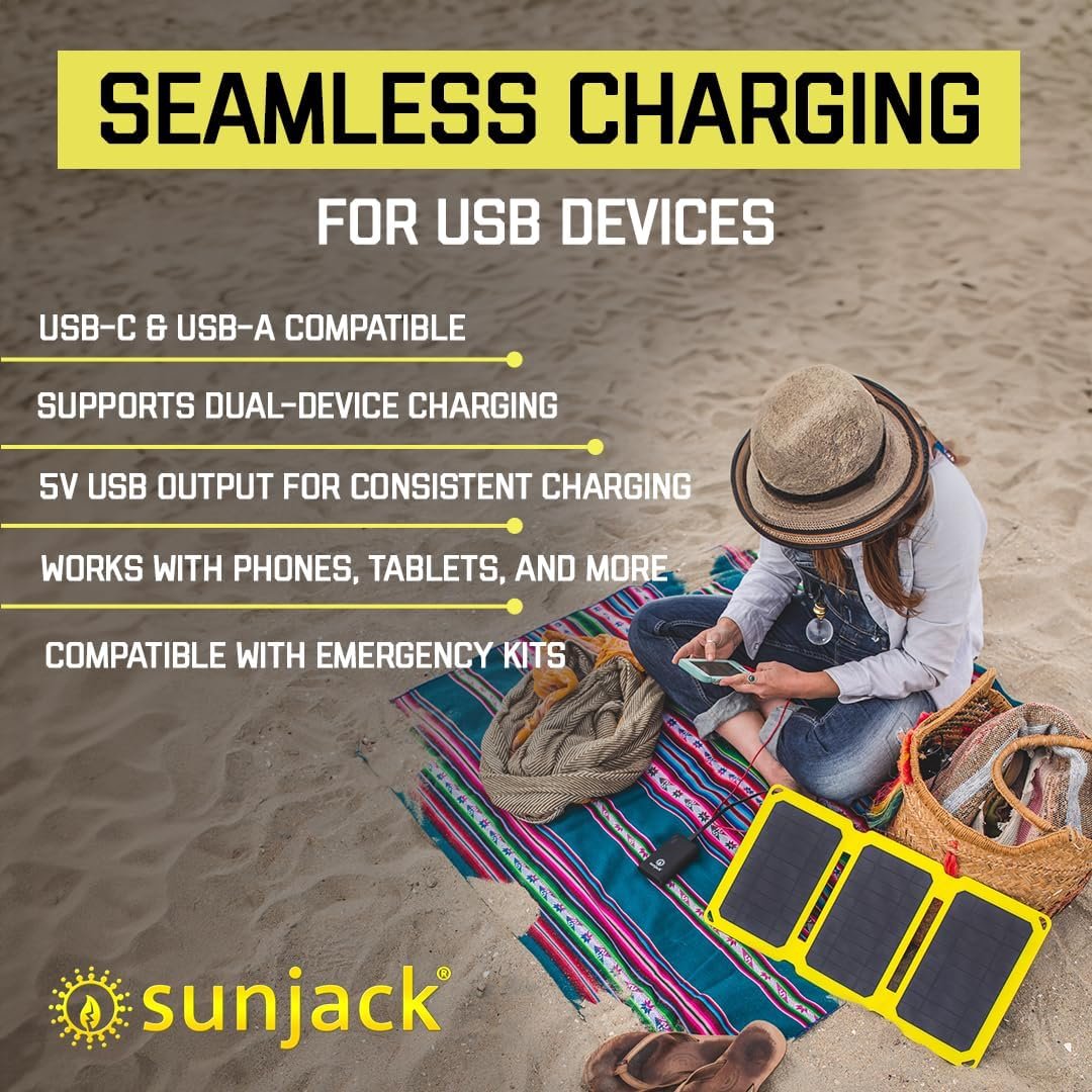 SunJack 15 Watt Foldable IP67 Waterproof ETFE Monocrystalline Solar Panel + 10000mAh Power Bank with USB-A and USB-C for Cell Phones Tablet and Portable for Backpacking, Camping, Hiking and More