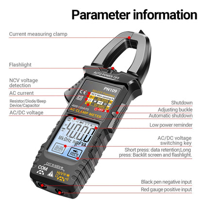 Clamp Multimeter 4000 Count Digital Multimeter with Case, LCD Backlight Display, Safety Protection, Automatic Range Detection, Professional Automotive Tool for Accurate Measurements and Diagnostics