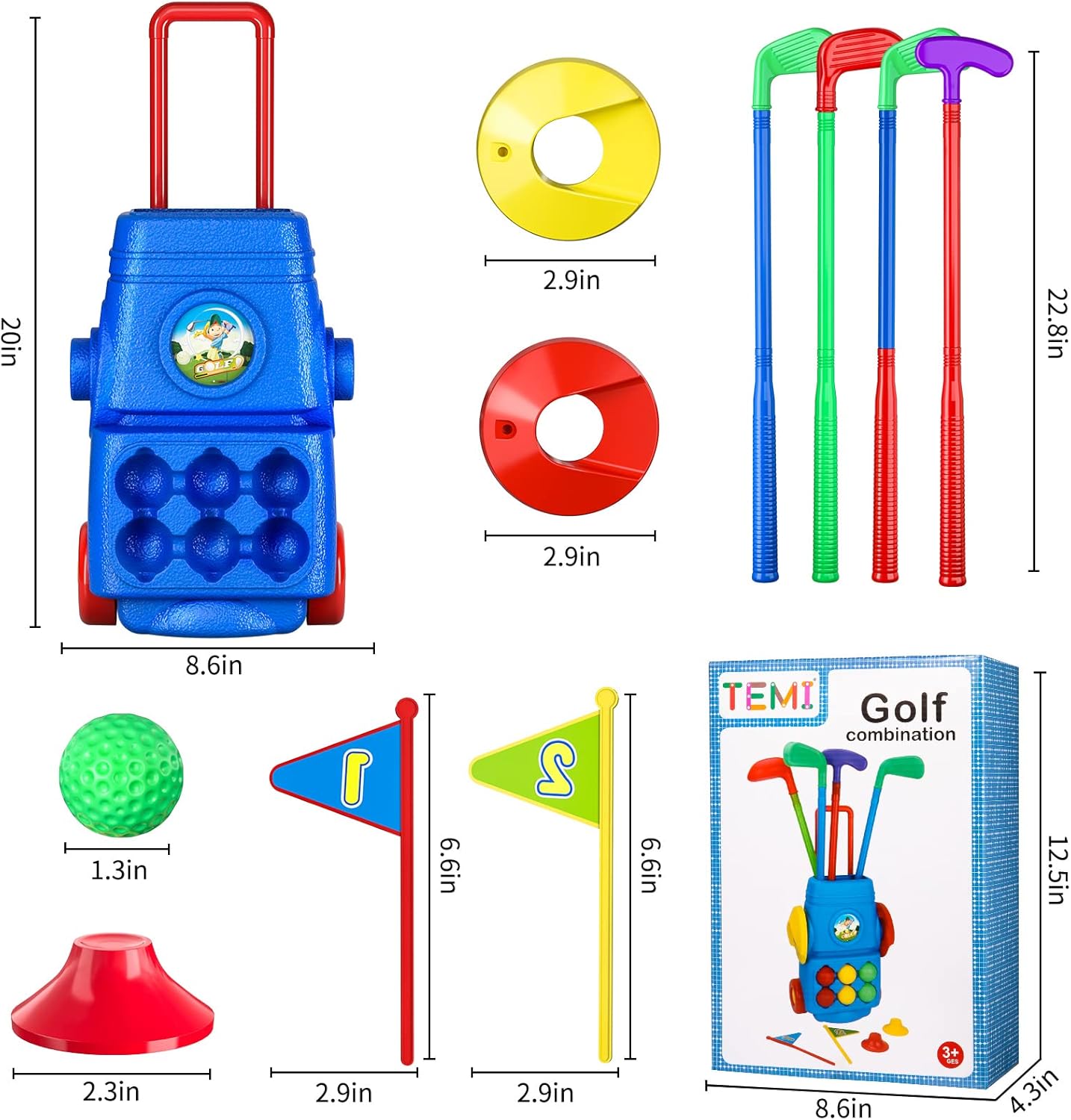 TEMI Toddler Golf Toy Set - Children Golf Suitcase Game Play Set & Sports Toys with 6 Play Balls, 4 Golf Clubs, 2 Practice Holes - Indoor and Outdoor Toys for 3 4 5 6 Year Old Boys Girls