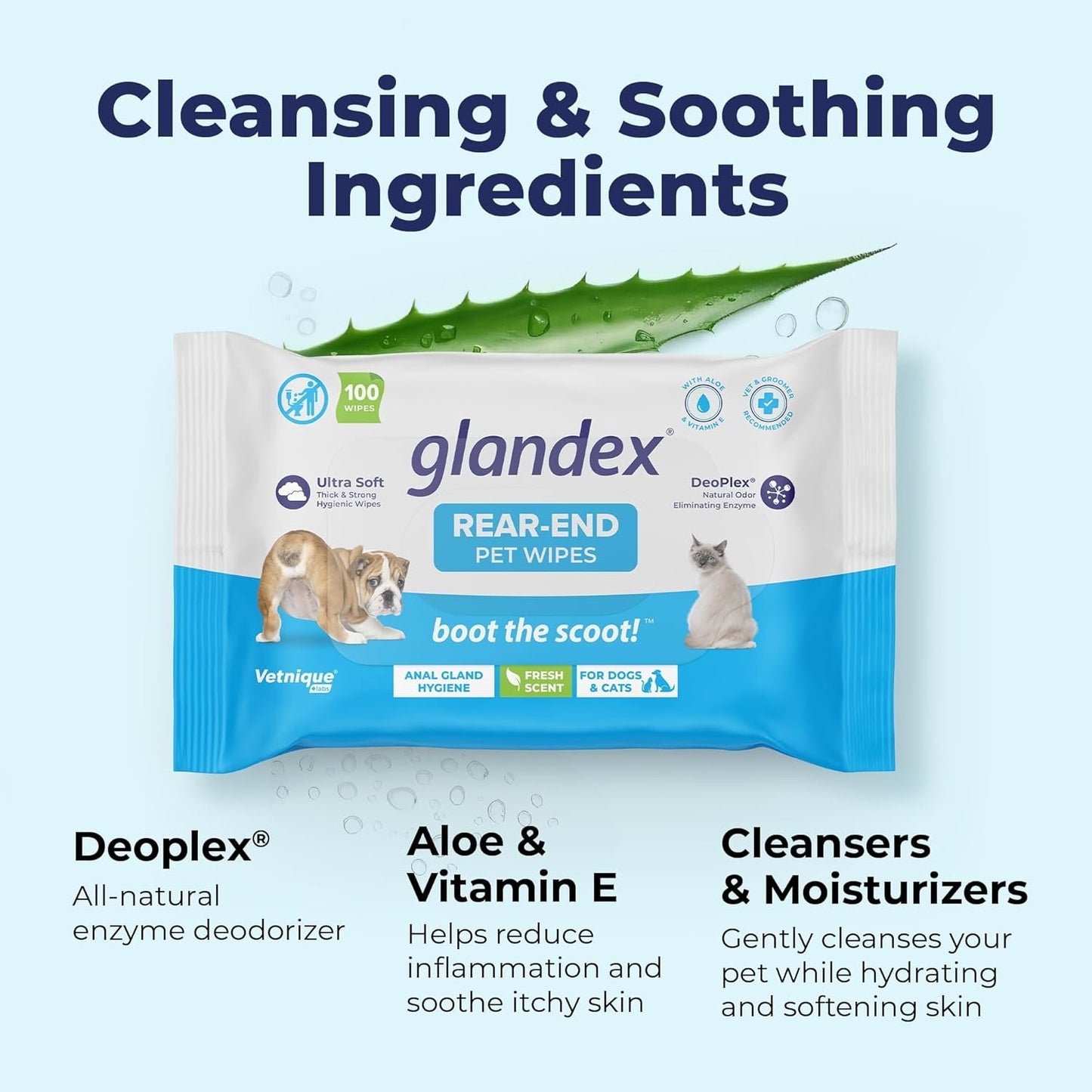 Glandex Dog Wipes Cleansing & Deodorizing Hygienic Anal Gland Grooming Wipes for All Pets - by Vetnique Labs (100ct)