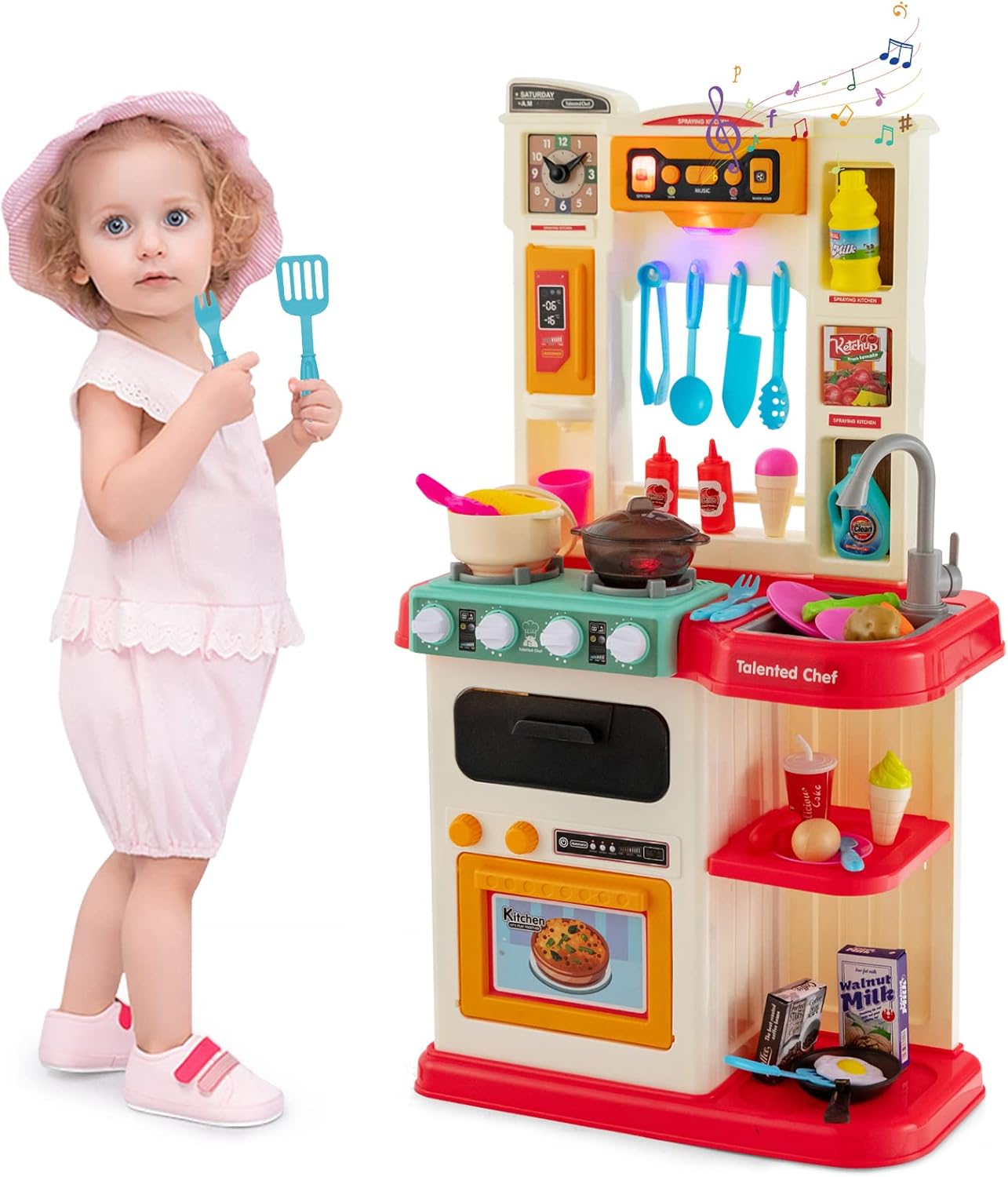 HONEY JOY Kids Play Kitchen, 65PCS Pretend Kitchen Play Toy Accessories Set w/Play Sink, Realistic Lights Sounds, Steam Simulation, Cooking Play Kitchen Playset w/Water Circulation for Children (Pink)