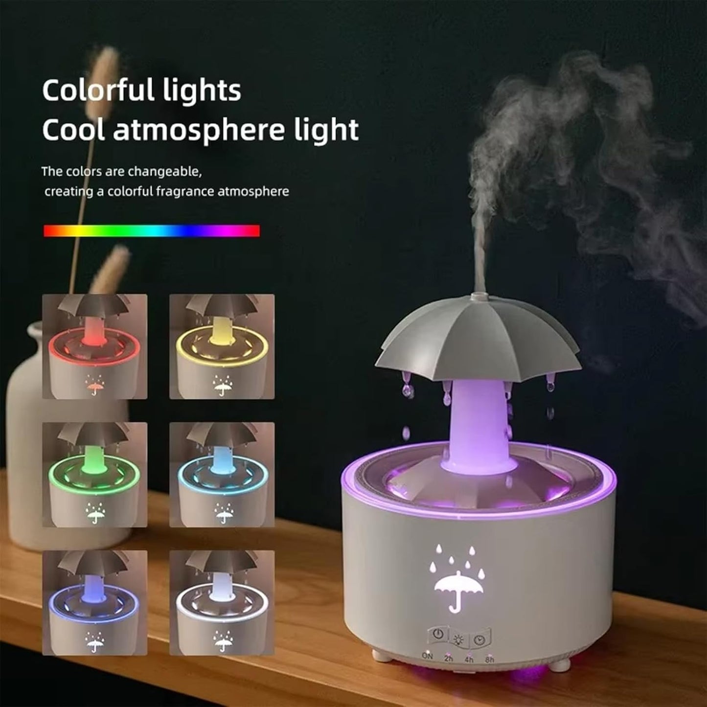 Umbrella Humidifier for Bedroom, Rotate Umbrella Rain Humidifier with Remote Control, 300ML Aroma Diffuser, 7 Colors Mood Light, Timer and Waterless Auto-Off, Air Humidifiers for Desk