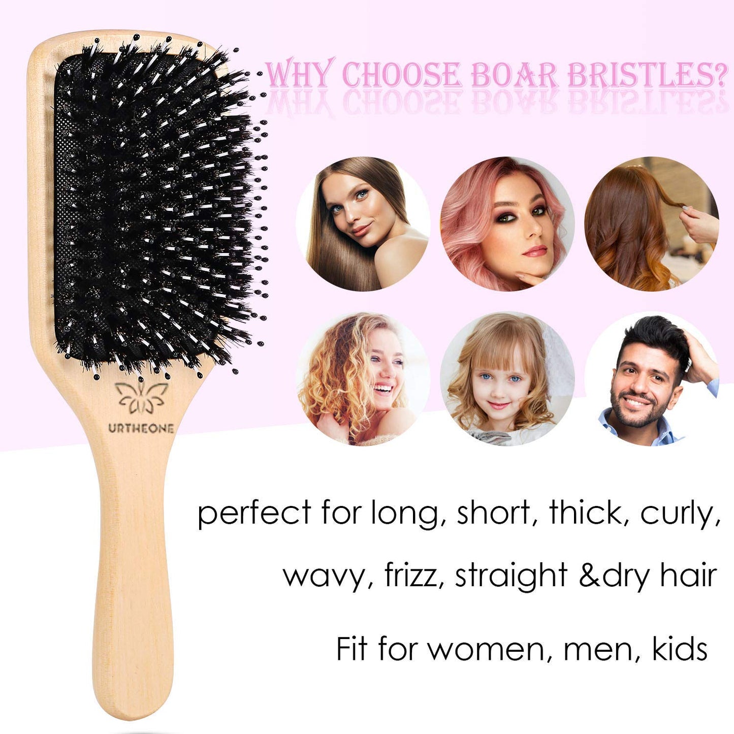 Boar Bristle Hair Brush and Comb Set for Women Men Kids, Best Natural Wooden Paddle Hairbrush and Small Travel Styling Brush for Wet or Dry Hair Detangling Smoothing Massaging