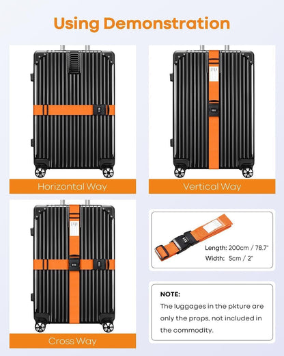 4 Pack Luggage Straps with Combination Lock and Name ID Card, 2M Adjustable Belts Keep Suitcase Secure While Traveling, Luggage Accessories to Secure Bag Cargo Safe Quick-Release (Orange)