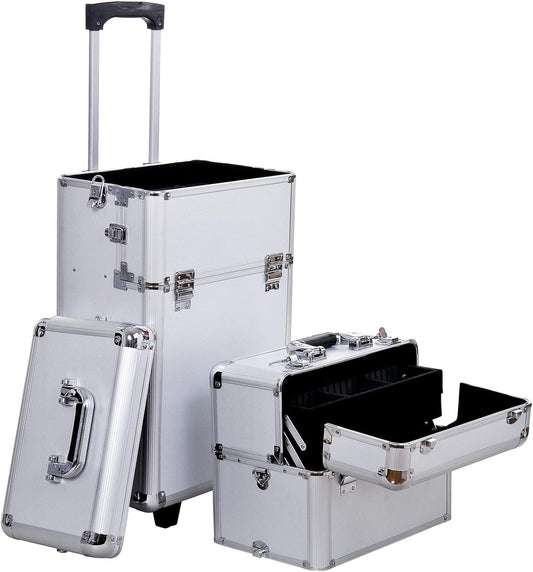 HOMCOM - Professional Makeup Artist Trolley Beauty Case Aluminium, silver