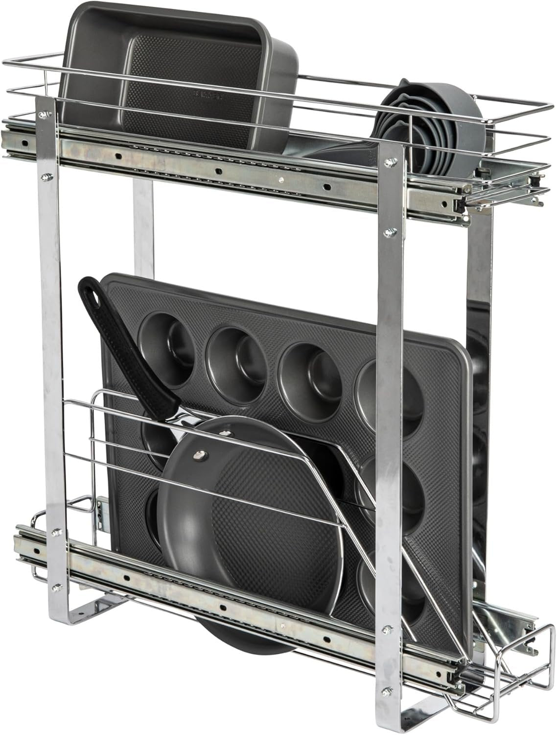Household Essentials Glidez Multipurpose Chrome-Plated Steel Pull-Out/Slide-Out Storage Organizer for Cookware and Bakeware - 2-Tier Design - Fits Standard Size Cabinet or Shelf, Chrome