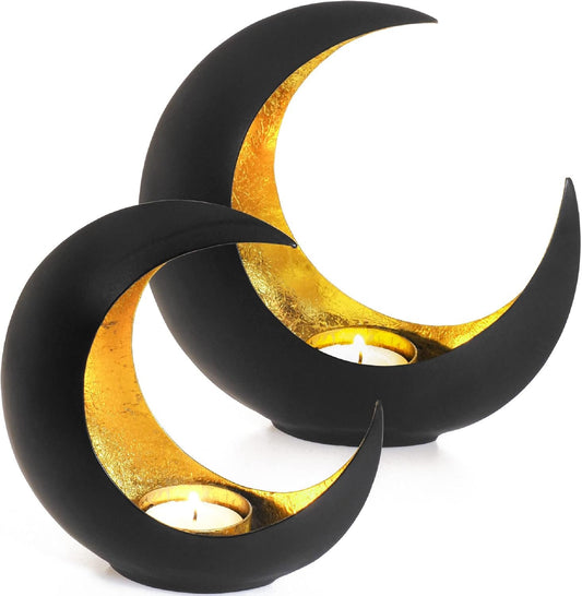 Gadgy Candle Holder, Set of 2 - Small and Large Table Candle Holder - Decorative Tealight Holder in Oriental Style - Black and Gold Metal Candle Holder - Table Tea Light Holder