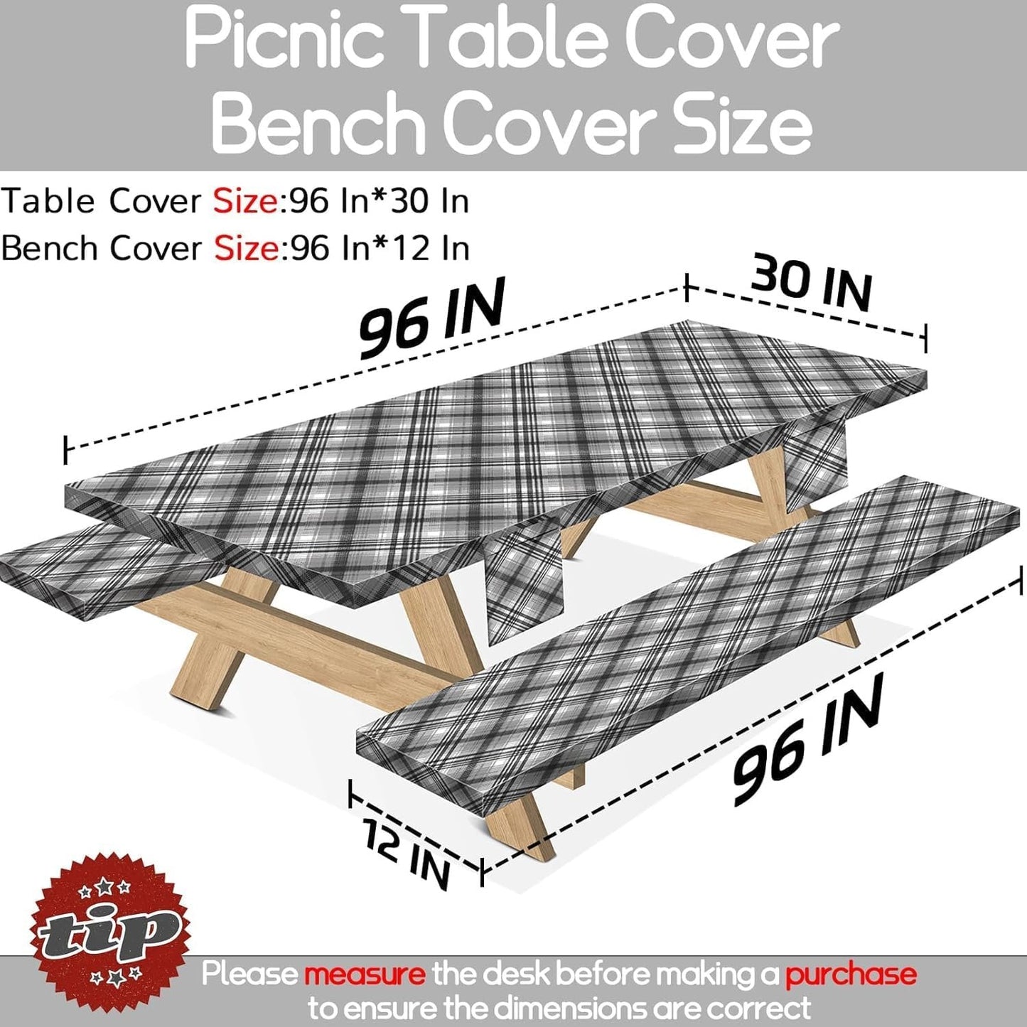 memkiya 96×30Inches Picnic Table Cover with Bench Covers 8Ft Reusable Polyester Camping Tablecloths for Fall Autumn Rv Travel Living Must Haves Outdoor Gear Accessories Gift for Camper Checkered Black