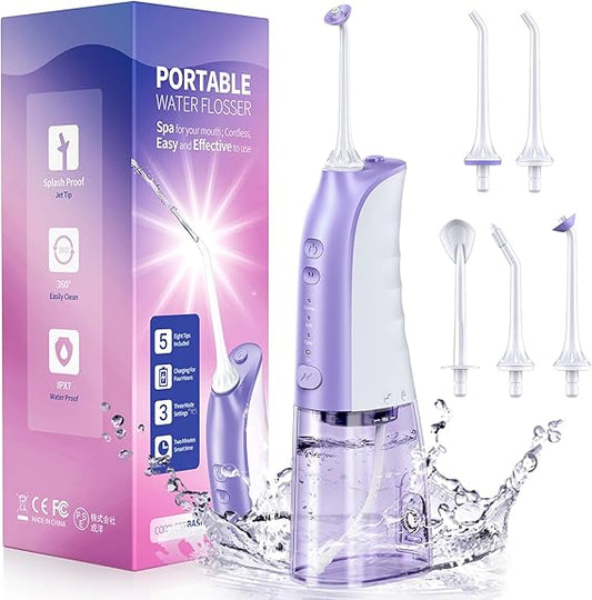 Demita Cordless Water Flosser for Teeth, 300ML 3 Modes 5 Jet Tips Portable Electric Flosser Pick for Adults, IPX7 Waterproof Oral Irrigator Dental Flosser Cleaning Kit for, Gums, Braces Care (Purple)