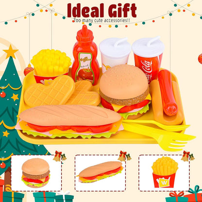 12PCS Pretend Play Food Set,Play Fast Food Toys for Kids with Take Apart Burger and Hot Dog Plastic Food Toy,Play Kitchen Accessories Role Play Toys Gift for Kids Toddler Boys Girls