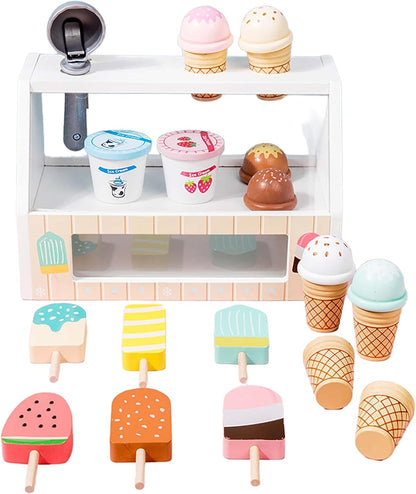 BEACENOV Wooden Pretend Play Ice Cream Counter for Kids, Toddler Wooden Toys, 45 Pcs Play Food Set, Scoop and Serve Ice Cream Station Playset