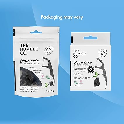 The Humble Co. Floss Picks (200 Count) – Plant Based Dental Floss Picks for Superior Oral Care, Dental Hygiene, and Gum Health, Cruelty Free Tooth Floss Picks (Charcoal, Double Thread)