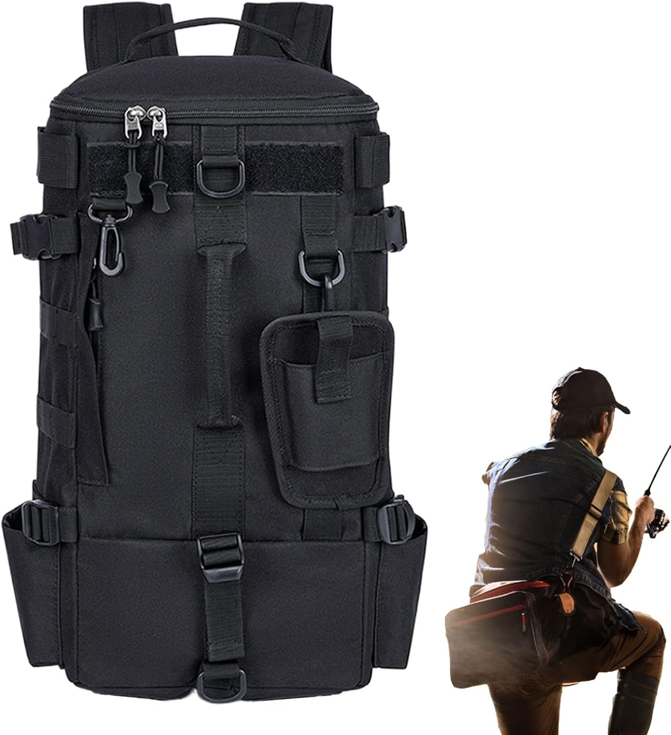Fishing Fusion Backpack, Waterproof Survival Daypack Rod Holder, Bait Gear Storage, 21x47x13cm for Kayak Trips, Hiking, Camping, Hunting, and Weekend Adventures Motorcycle Travel