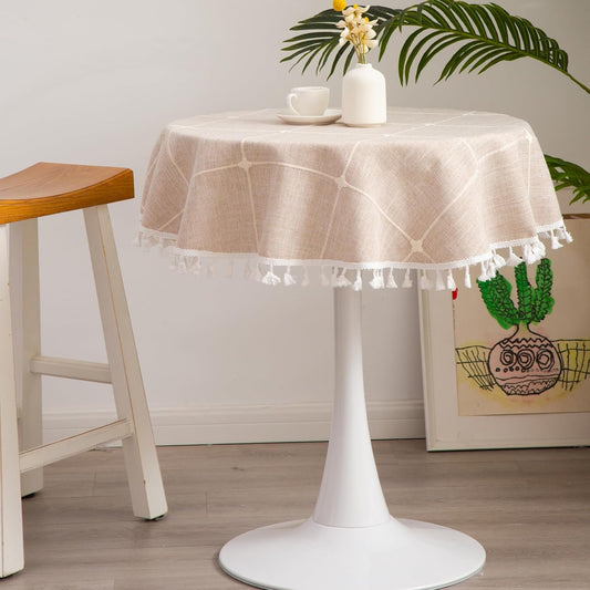 Hpxrom Round Lattice Small Tablecloth Cotton Linen Light Brown Dust-Proof Washable Boho Embroidery Table Cover Rustic Table Cloth for Coffee Party Kitchen Dining Tabletop Decoration 36 Inch