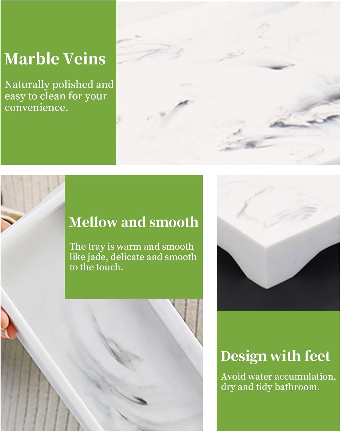 TRMFUSA Marble Resin Bathroom Vanity Tray, 11" x 4" Rectangle, White, Organizer Tray for Soap Dispenser, Perfume, Jewelry, Toilet Tank, Kitchen Sink